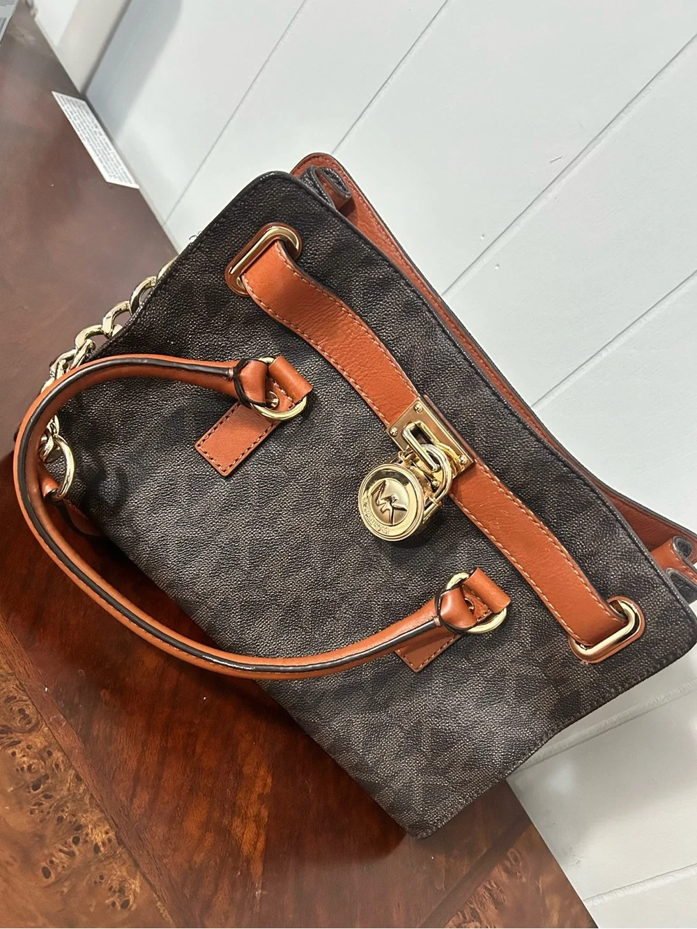 Michael Kors Hamilton Satchel Brown Monogram Canvas Tan Leather Gold Padlock Bag